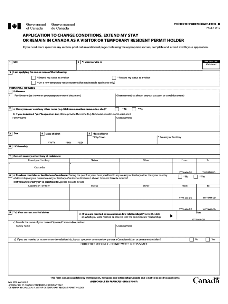IMM 5708 E Application to Change Conditions, Extend My Stay or Remain in Canada as a Visitor or Temporary Resident Permit Holder Form